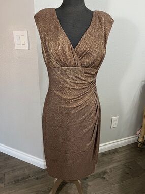 Ralph Lauren Metallic Brown Ruched V-Neck Midi Dress